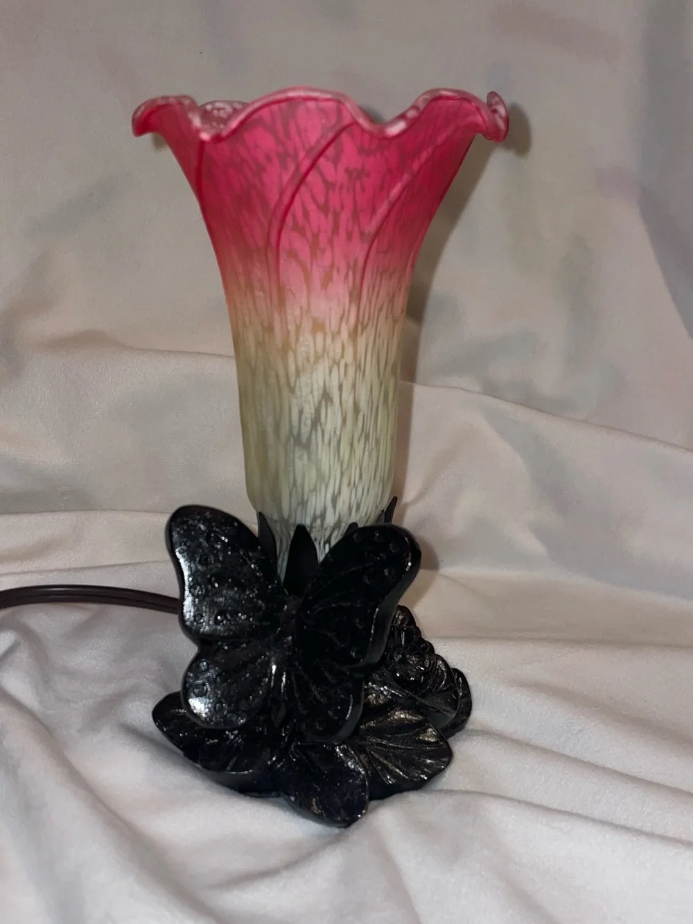 Art Glass Pink Ombre Tulip Table Lamp with Black Butterfly Base